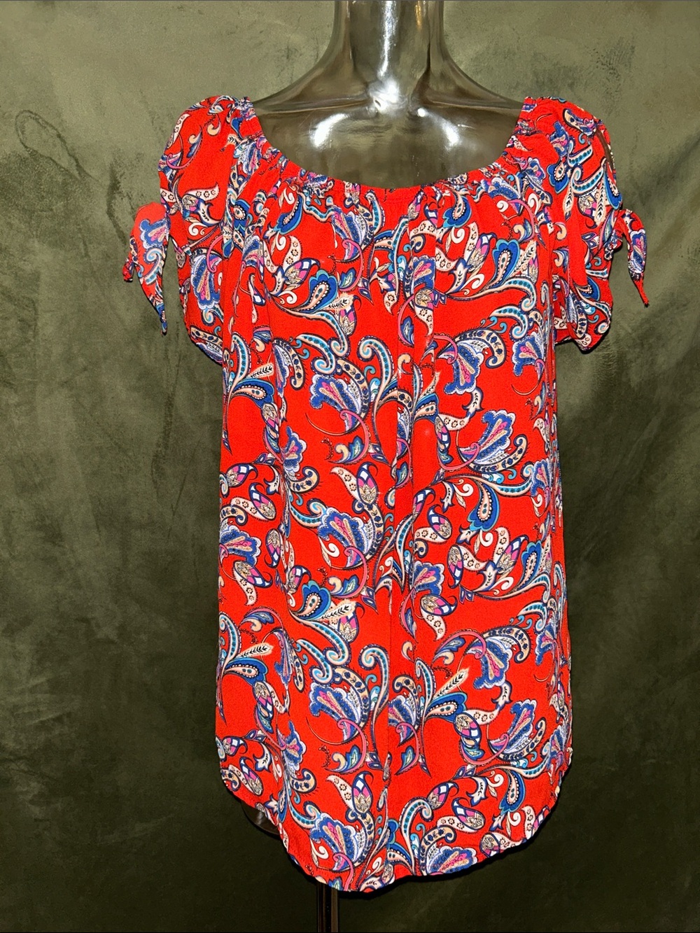 Pink Rose Red Paisley Short Sleeve Peasant Blouse